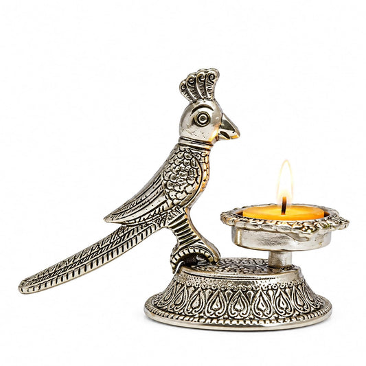 Handcrafted Silver Plated Parrot Diya | Decorative Metal Oil Lamp for Diwali Puja | Vintage Tealight Candle Holder | Festive Home Decor Item