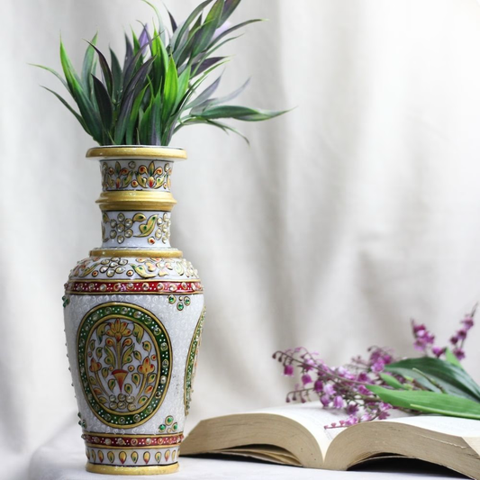Handcrafted Embossed Marble Flower Pot Vase (9 Inch)