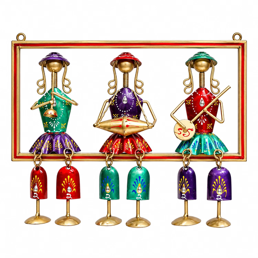 Handcrafted Metal Rajasthani Musician Wall Hanging | Traditional 3 Musicians Frame with Hanging Bells | Decorative Ethnic Wall Art Sculptures for Living Room, Home Entrance