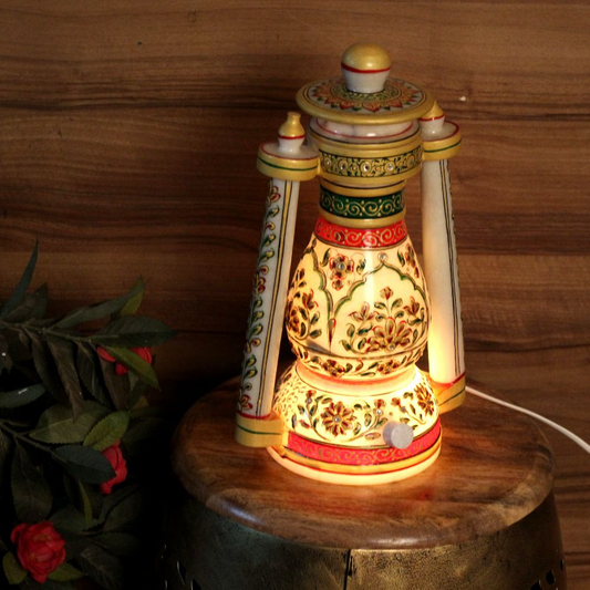 Handcrafted Embossed Marble Lantern Lamp with Traditional Artwork